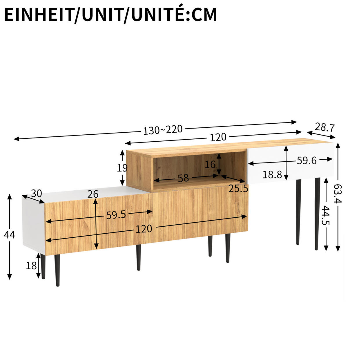 TV ormarić 120+120/30/63,5 cm bijeli i u boji drva od MDF-a i iverice s podesivom duljinom - prirodne boje, drvni materijal (220/63.5/30cm) - OKWISH