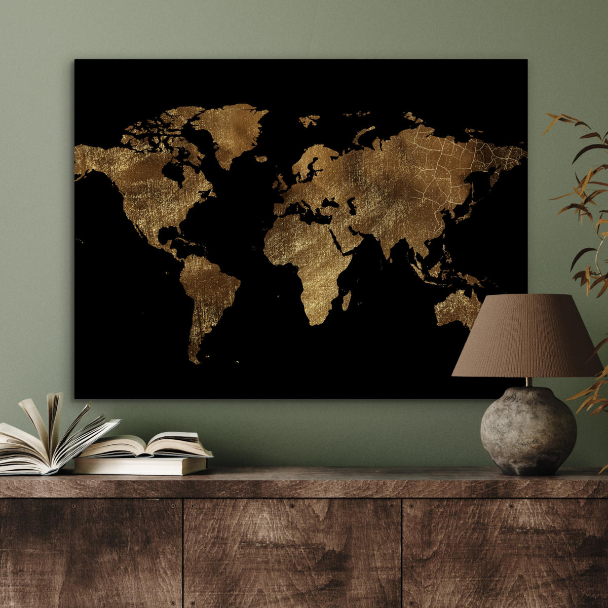 KOVOVÝ OBRAZ Mapa sveta - Zlato - Luxus - Zem - Čierna 80x60 cm - zlatá, kov (80/60cm) - MuchoWow
