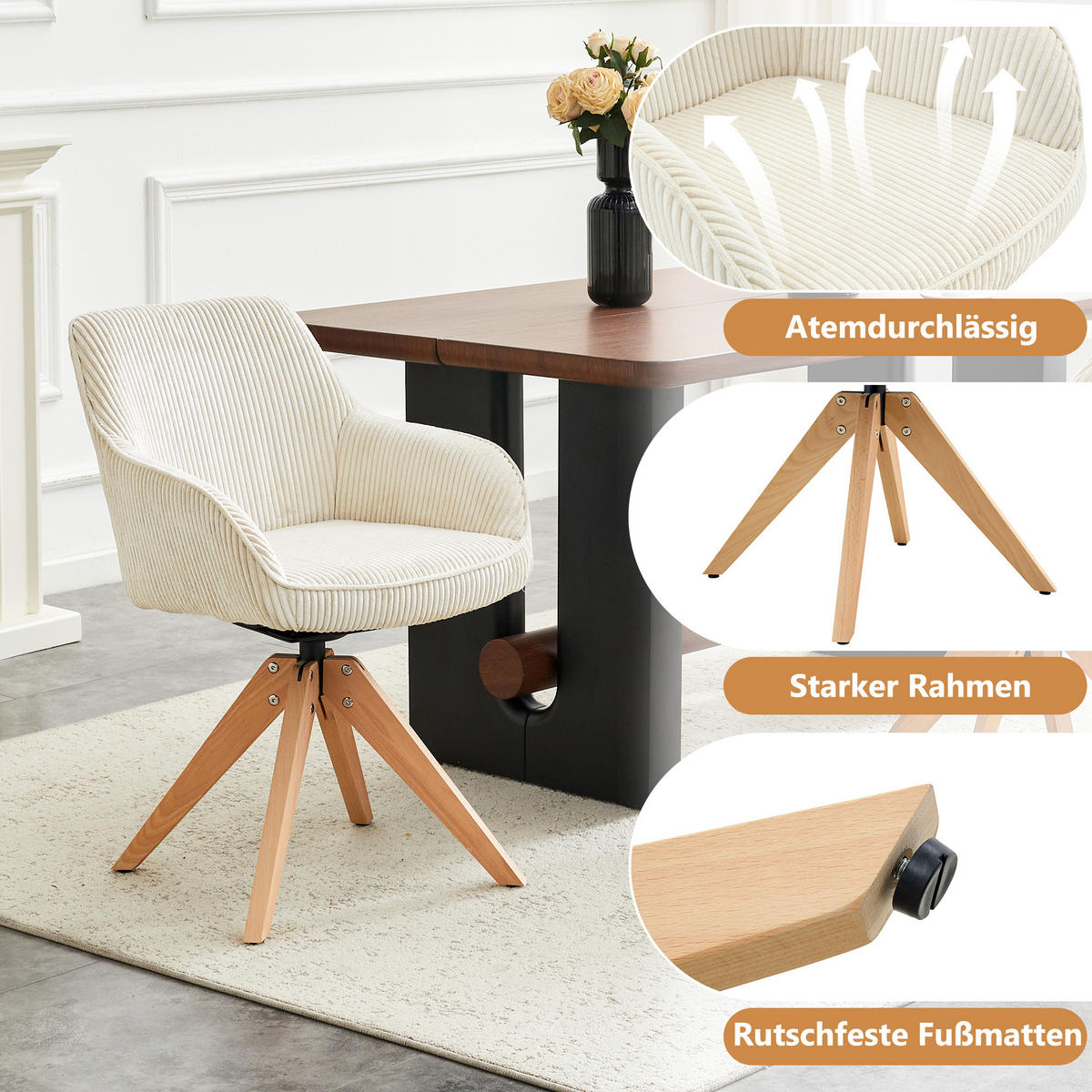 ARMLEHNSTUHL-SET DE-36619 2 Stück mit Massivholzbeinen Creme - Creme, Holz (44/84/56cm) - ComfortXL
