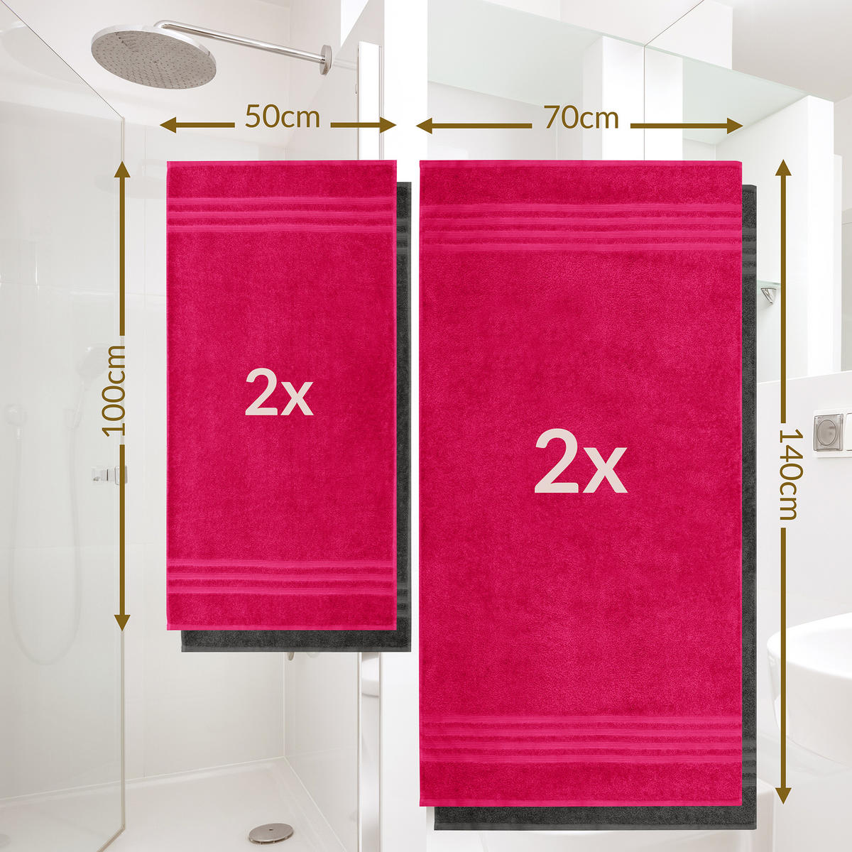 HANDTUCH Set London 4-teilig, 2x Handtuch 50x100 + 2x Duschtuch 70x140 Rot - Anthrazit - Anthrazit/Rot, Textil (70/140cm) - Lashuma