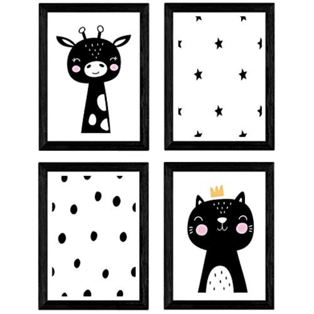 POSTER Set mit 4 Katze und girafa Tiere A3 Schwarzer Rahmen - Schwarz, Papier (29.7/3cm) - Nacnic