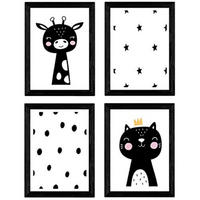POSTER Set mit 4 Katze und girafa Tiere A3 Schwarzer Rahmen - Schwarz, Papier (29.7/3cm) - Nacnic