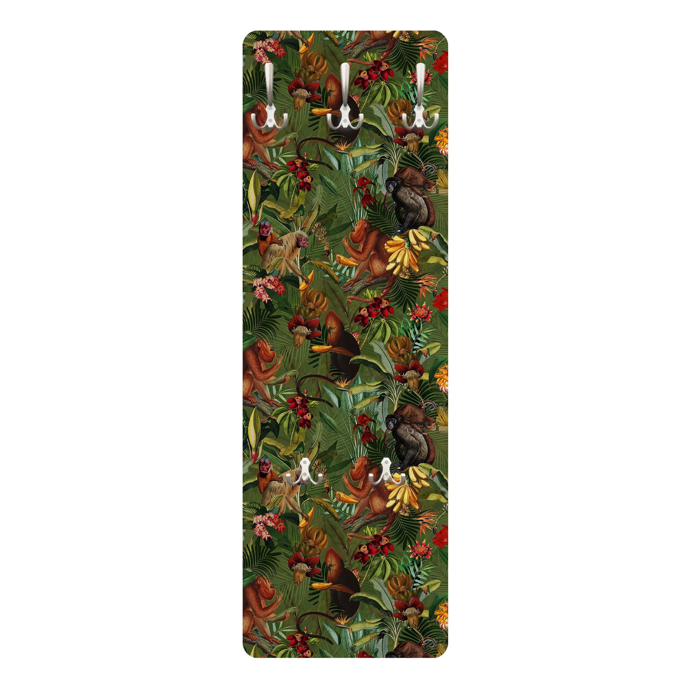 WANDGARDEROBE - Tropische Blumen mit Affen 34/105 cm - Grün, Holzwerkstoff (34/105/1.6cm) - Bilderwelten