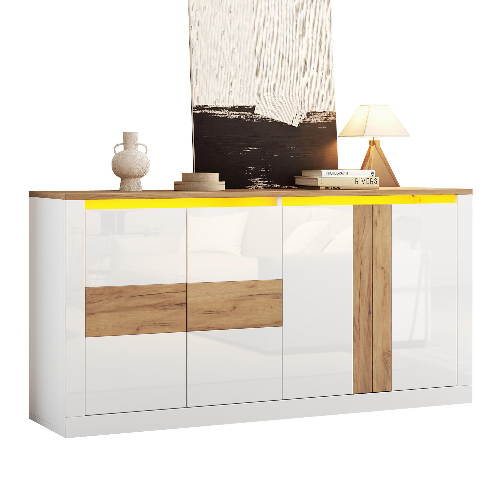 SIDEBOARD 140x35x70cm Weiß Eiche mit RGB LED und 4 Türen - Weiß/Naturfarben, Holzwerkstoff (140/70/35cm) - FLIEKS