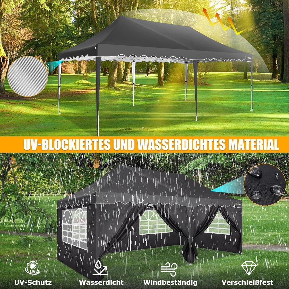 FALTPAVILLON 3x6m schwarz mit 6 Seitenwänden und 4 Sandsäcken - Schwarz, Metall (300/320/600cm)