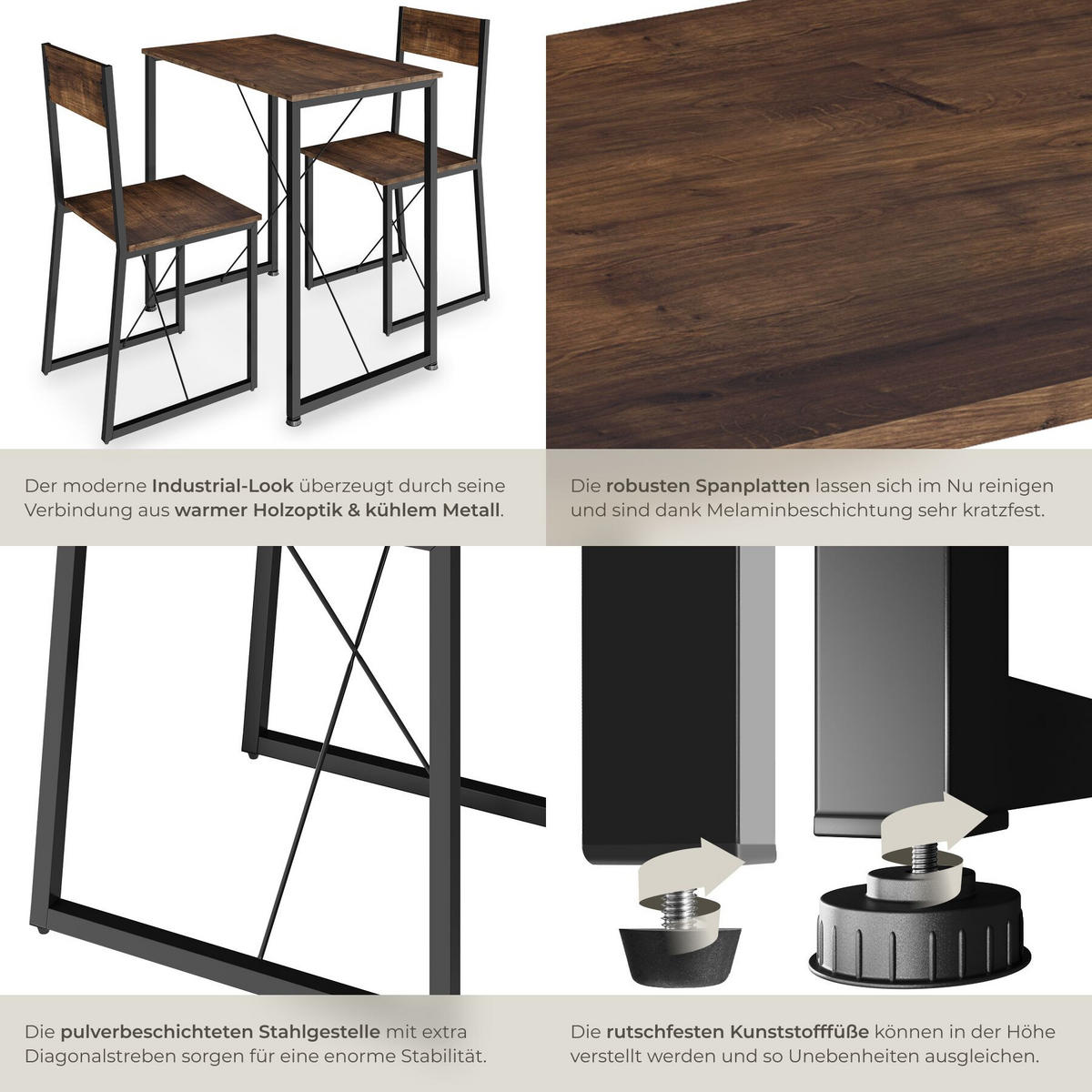 SITZGRUPPE Margate, mit höhenverstellbaren Kunststofffüßen, Industrial Holz dunkel, rustikal - Rostfarben, Holzwerkstoff (80/90/138cm) - tectake