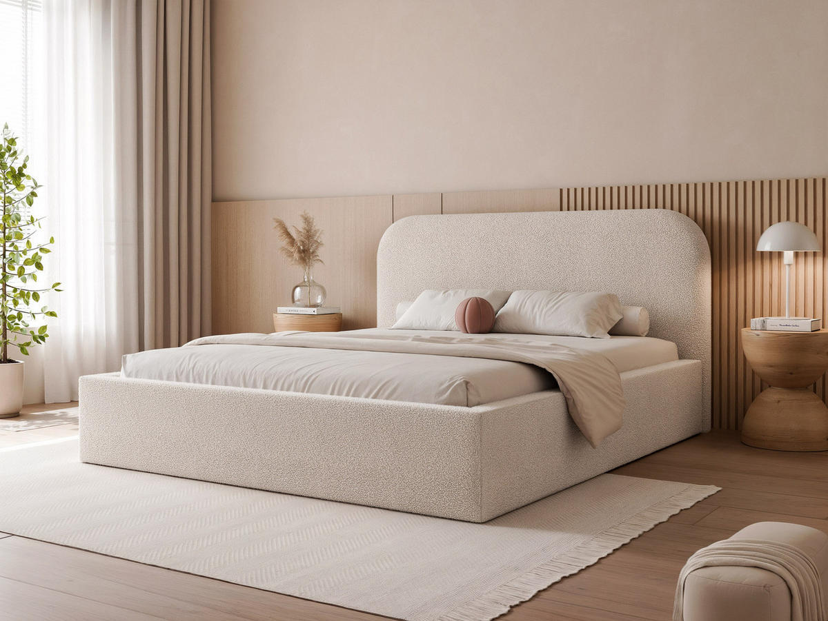 POLSTERBETT FUZZI 180x200 cm Kaltes Beige Bouclé (Stoff Now or Never) - mit Bettkasten und Lattenrost - Beige, Holzwerkstoff/Textil (180/200cm) - Ravio
