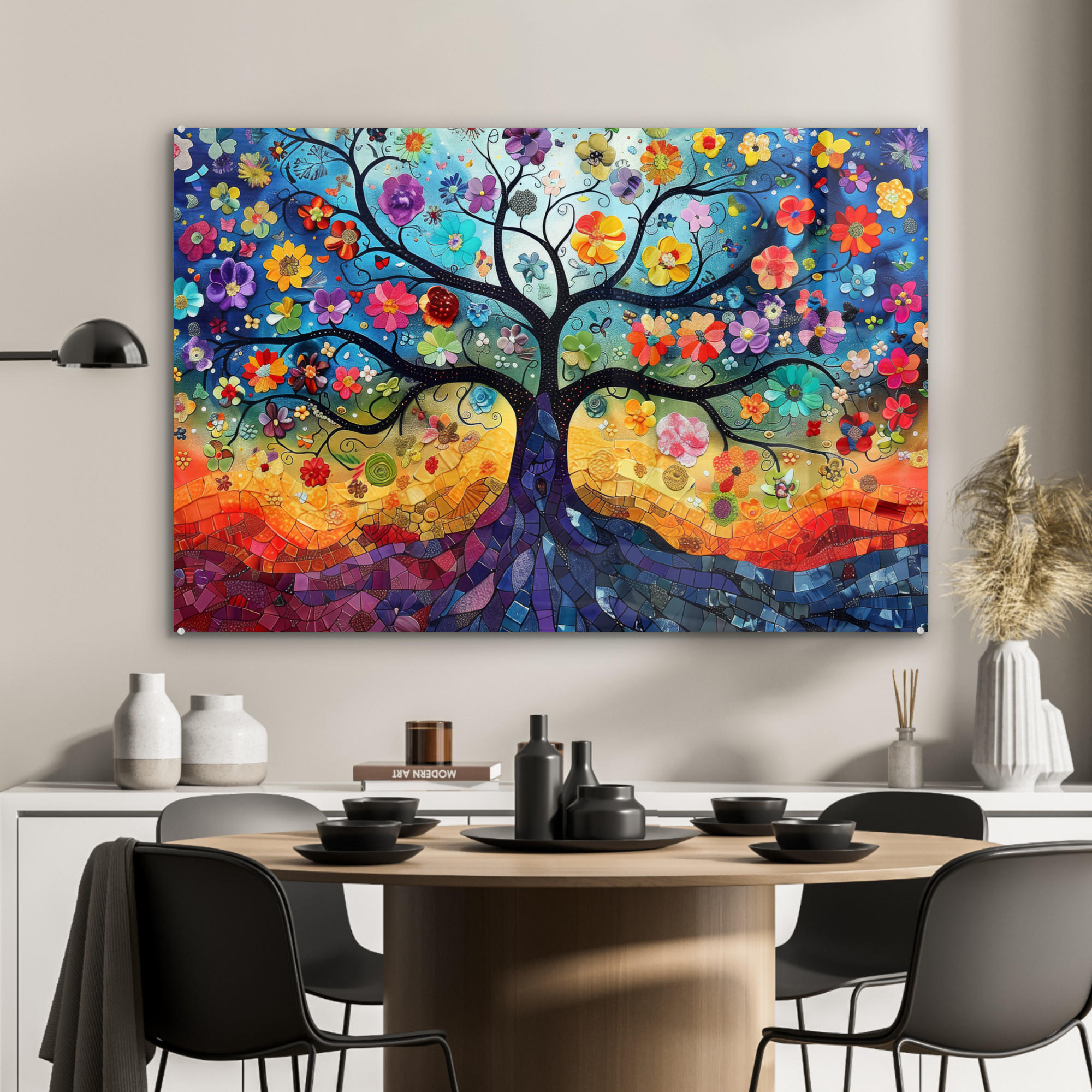 ACRYLGLASBILD Kunst - Baum des Lebens - Blumen - Hippie 90x60 cm - Dunkelblau, Glas (90/60cm) - MuchoWow