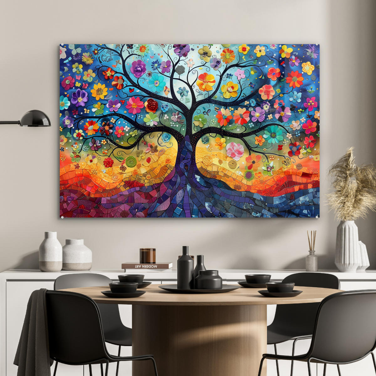 ACRYLGLASBILD Kunst - Baum des Lebens - Blumen - Hippie 90x60 cm - Dunkelblau, Glas (90/60cm) - MuchoWow