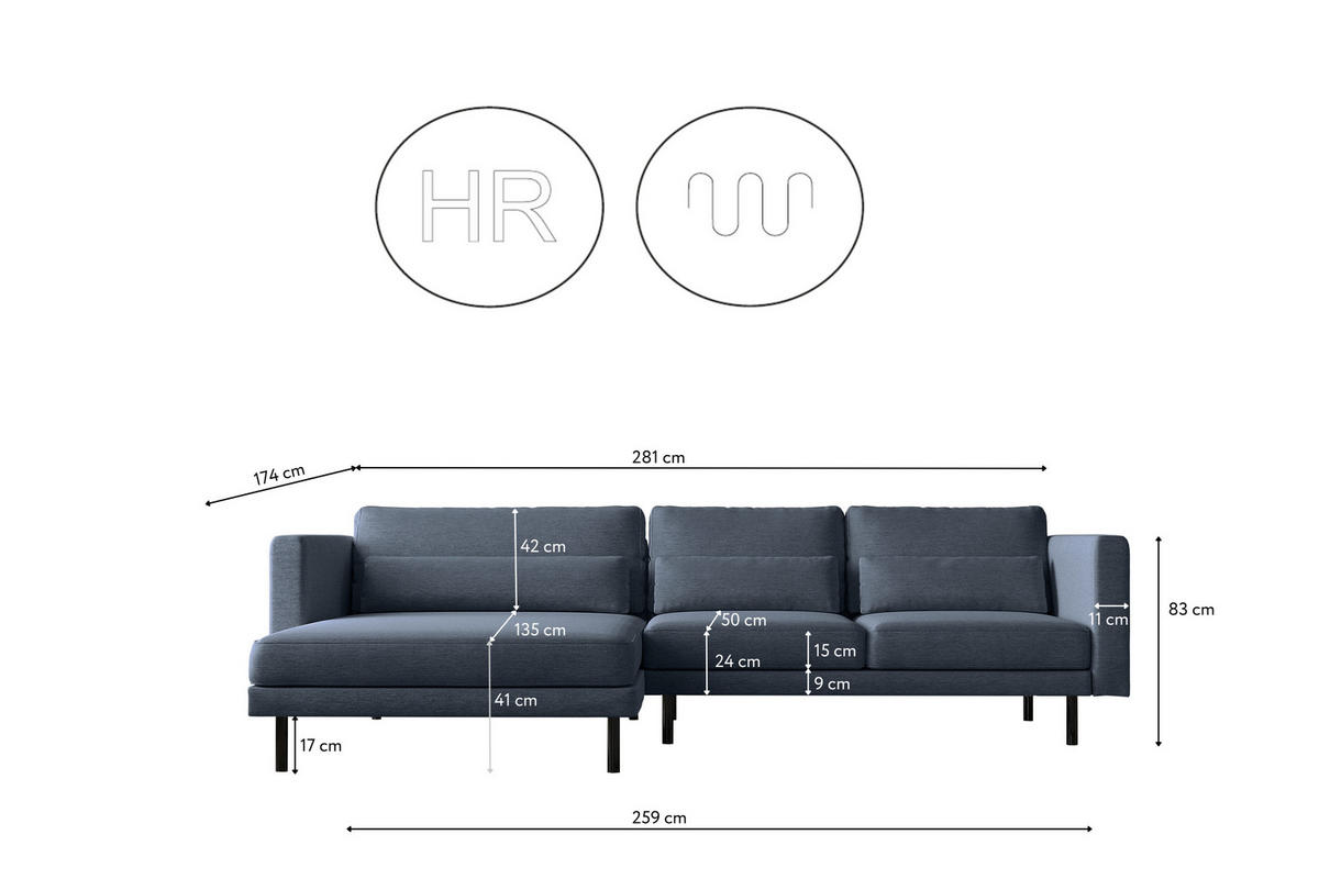 ECKSOFA L-form Dani Stoff Verita Marineblau Links - Dunkelblau, Holz (281/174cm) - Kaiser Möbel