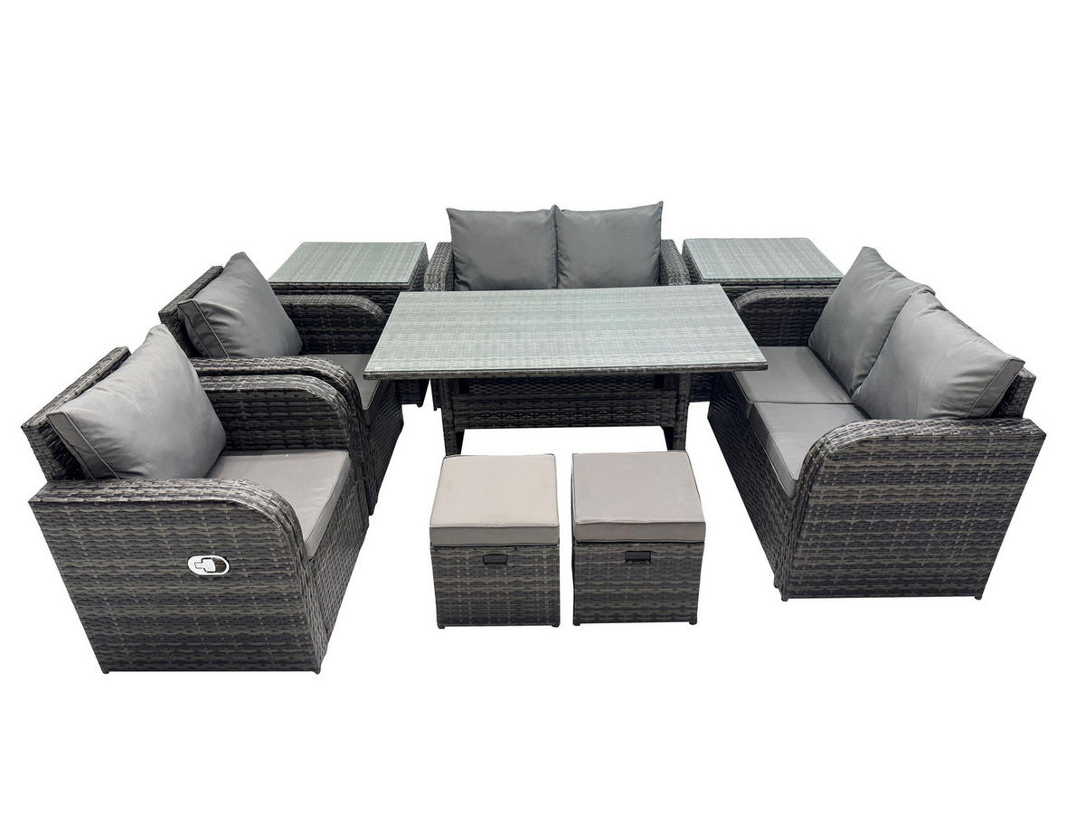 Gartenmöbelset mit Esstisch,Beistelltisch Polyrattan Dunkelgrau 8-Sitzer - Dunkelgrau/Grau, Glas/Kunststoff - Fimous