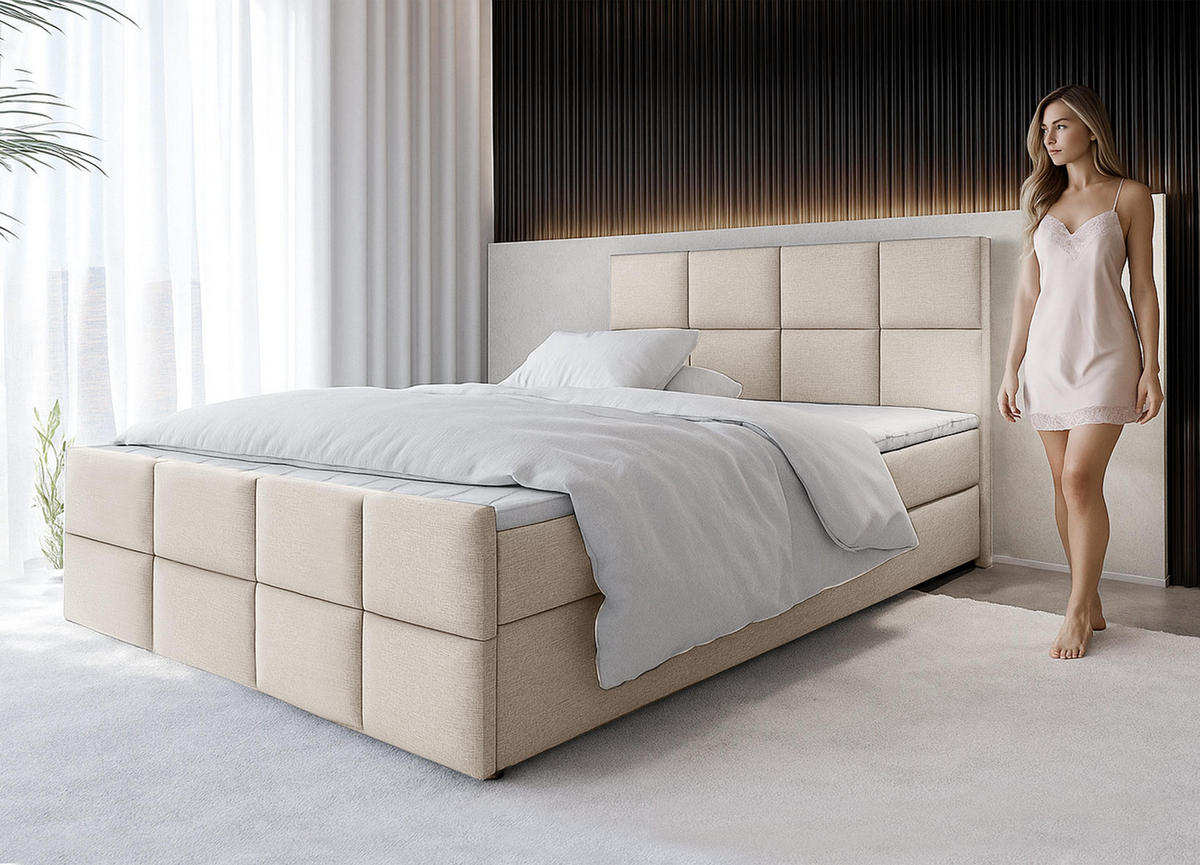 BOXBETT ALEYNA 160x200 cm mit Bettkasten und Matratze - Beige - Beige/Schwarz, Holz/Holzwerkstoff (160/200cm) - AX Living