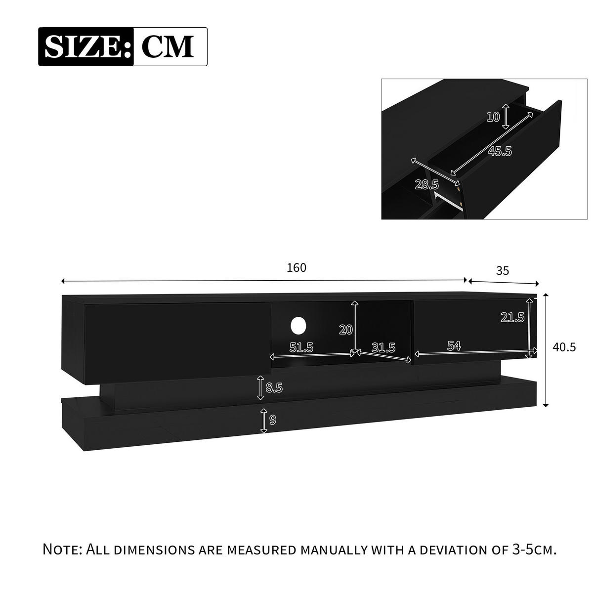 TV-LOWBOARD 160/35/40,5 cm mit 2 Schubladen und LED-Beleuchtung - Schwarz, Holzwerkstoff (160/40.5/35cm) - BEAOK