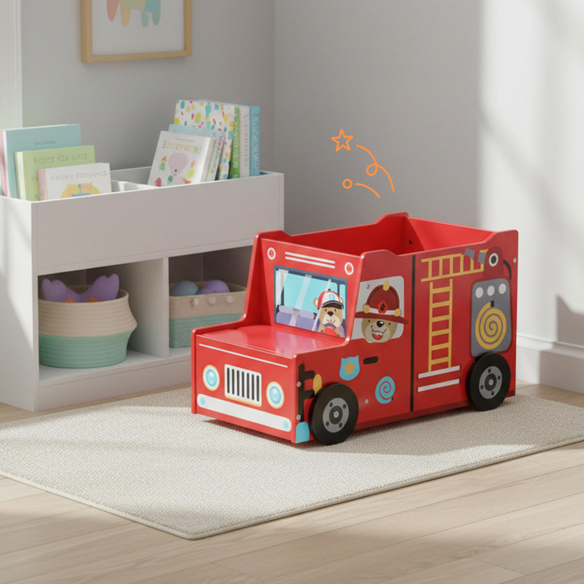 TRUHLA Vícebarevná na hračky hasičské auto MDF - červená, kompozitní dřevo (60/32cm) - Relaxdays