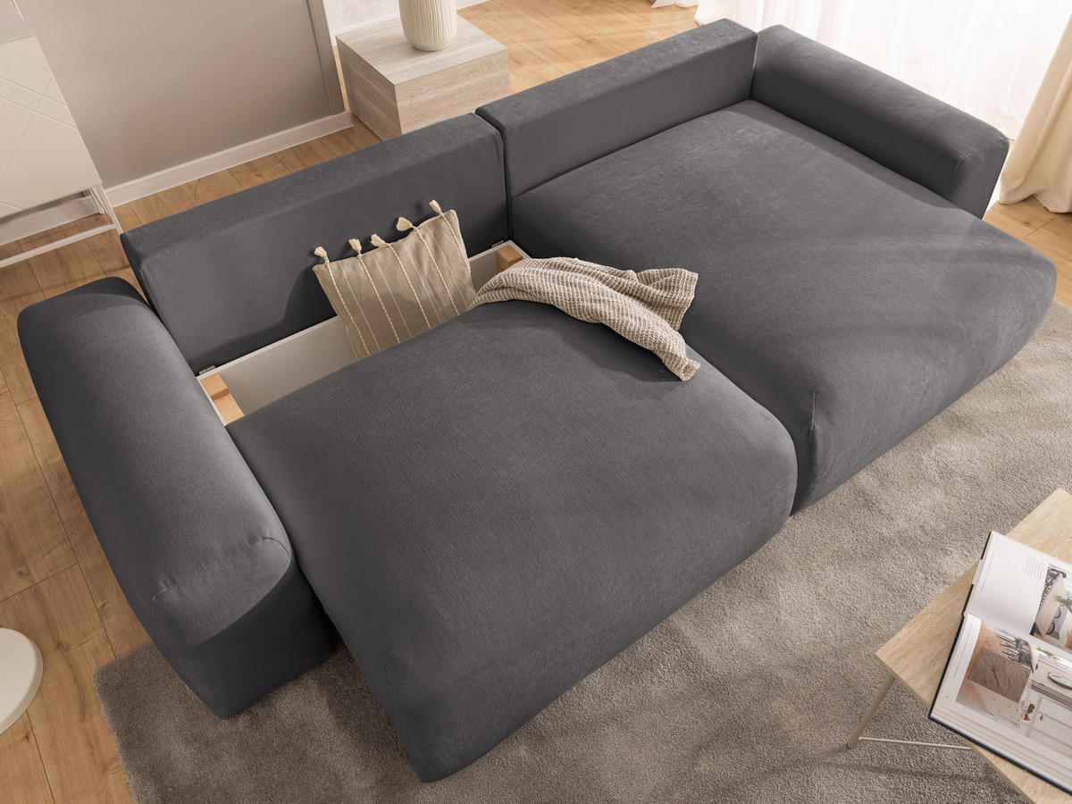 ECKSOFA Puffy mit Schlaffunktion und Bettkasten - besonders weich und puffig aus Taupe Webstoff - Ottomane rechts - Taupe/Schwarz, Holz/Kunststoff (266/138cm) - S-Style Möbel
