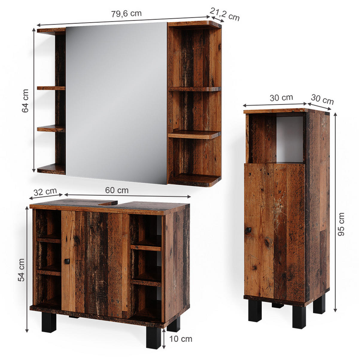 BADMÖBEL-SET Fynn Eiche rustikal 3 Teile, mit Midischrank - Wildeiche, Holzwerkstoff (60/54/32cm) - Vicco