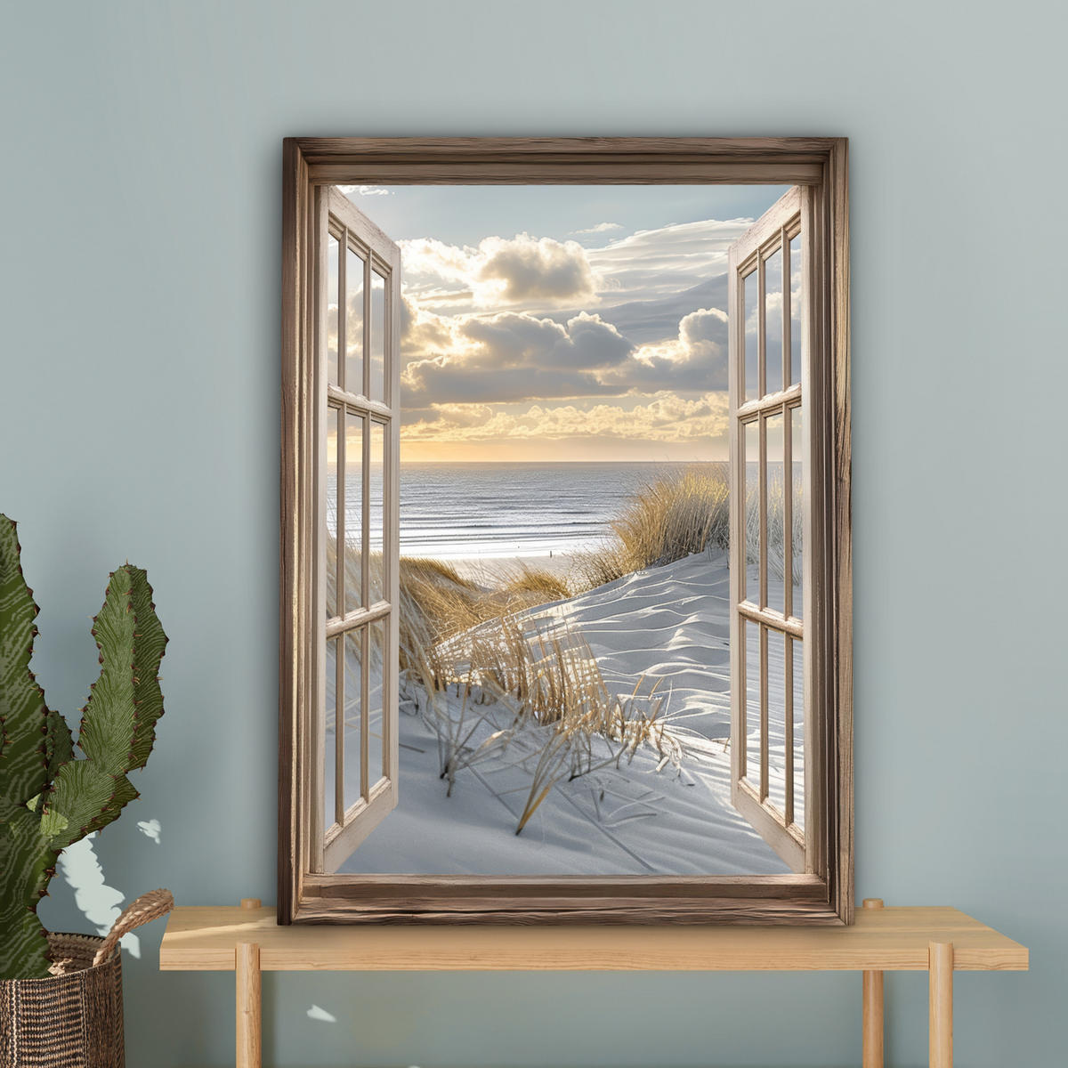 LEINWANDBILD Ausblick - Strand - Dünen - Meer - Natur Wandbild Wohnzimmer 60x80 cm - Sandfarben, Textil (60/80cm) - MuchoWow