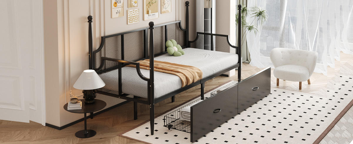 BETT 90x200 Metall Vintage Netz Armlehnen Ablage Schwarz - Schwarz, Metall - FLIEKS