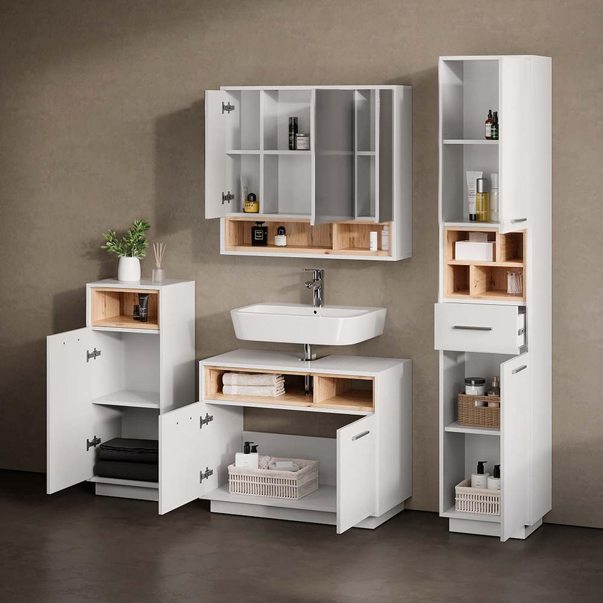 BADMÖBEL-SET Temo Weiß 4 Teile - Weiß/Sonoma Eiche, Holzwerkstoff (80/93/40cm) - Livinity®