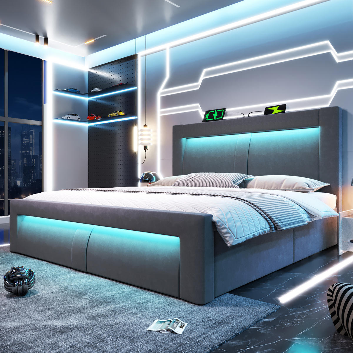 POLSTERBETT 180/200 cm Grau aus Samt mit Stauraum LED und USB-C - Grau, Textil (180/200cm) - OKWISH