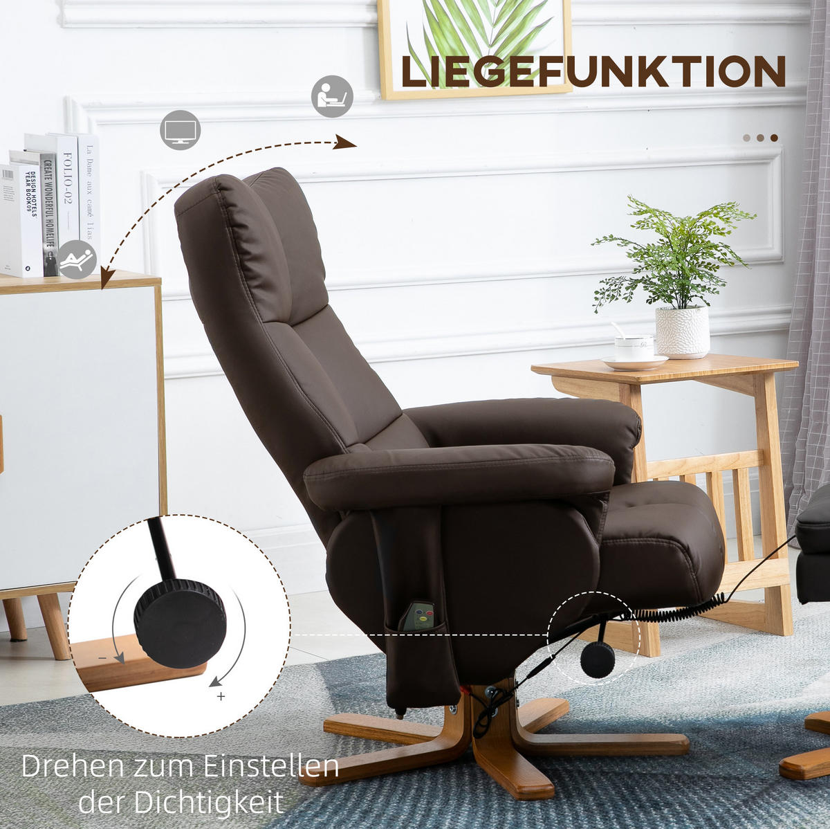 RELAXSESSEL 80/99/86 cm Braun aus Kunstleder mit Massagefunktion - Braun, Leder (86/99/80cm) - OKMYHOME