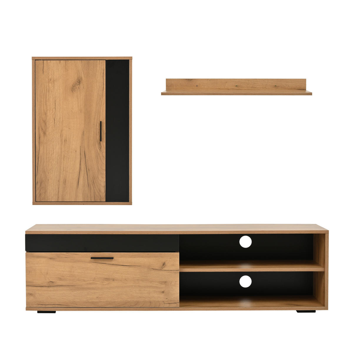 TV-MÖBEL-SET aus Spanplatte 140x35x39 cm Eichefarben/Schwarz mit Wandschrank und Wandregal, Soft-Close und Stauraum - Naturfarben, Holzwerkstoff (140/39/35cm) - Modfu