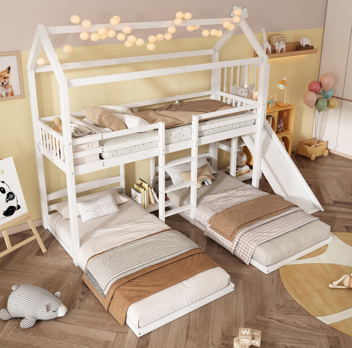 ETAGENBETT Hausbett mit Rutsche, Weiß, 90/200 cm, 3 Schlafplätze - Weiß, Holz (90/200cm) - MIVRAY