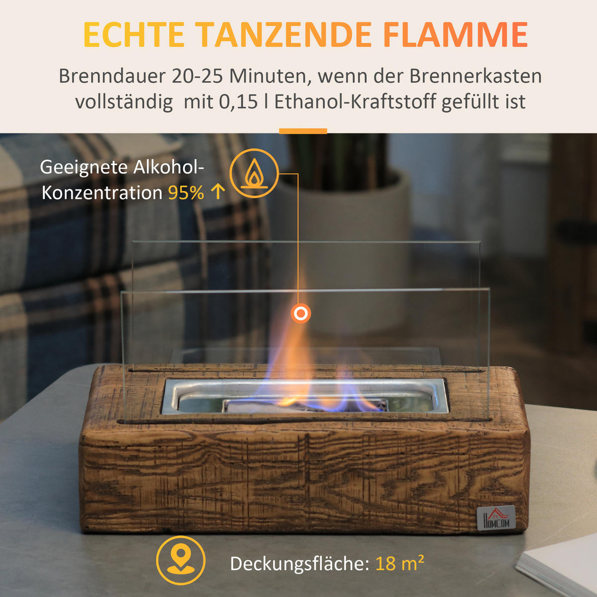 ETHANOL Kamin, 1000BTU Tischfeuer, mit Feuerdeckel, Edelstahl, Naturholz - Naturfarben, Metall (16/18/33cm) - HOMCOM
