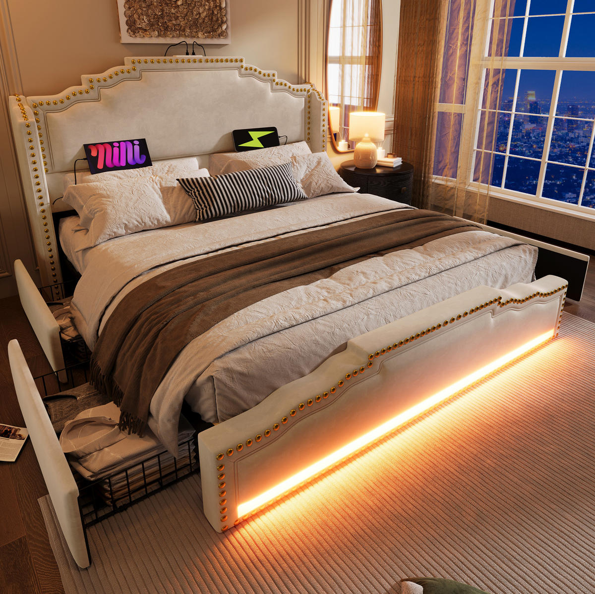 ČALOUNĚNÁ postel 160/200 cm béžová z veluru s LED osvětlením, USB-C a úložnými zásuvkami - béžová, kůže (160/200cm) - OKWISH
