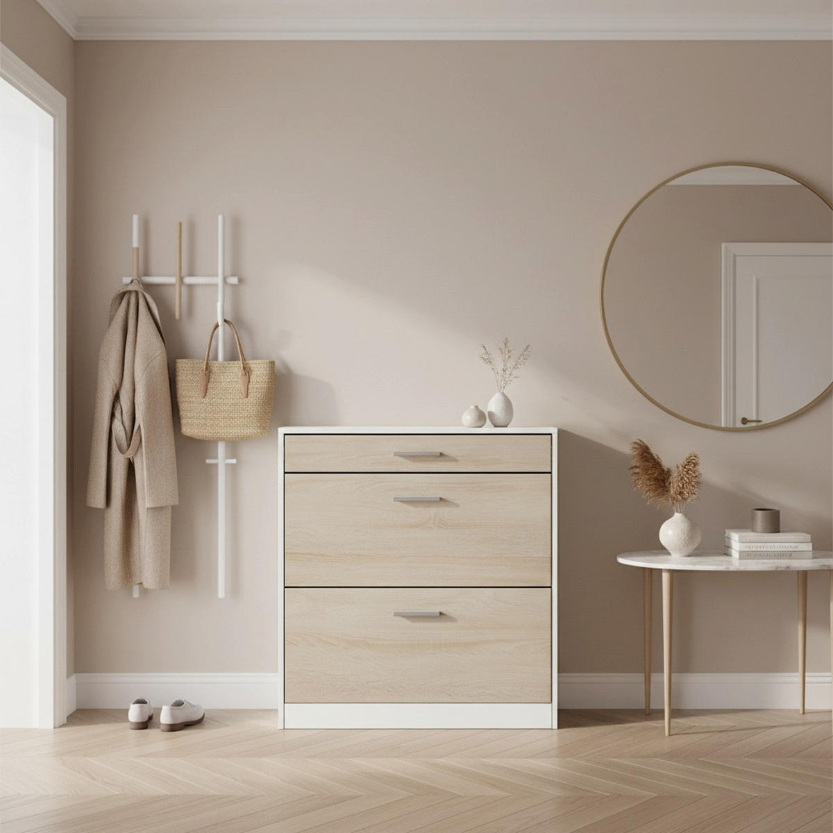 SCHUHSCHRANK Roma Schmal mit 2 Klappen und 1 Schublade, Platzsparender Schuhkipper, Weiß matt/Eiche Sägerau (89 x 95,5 x 23 cm) - Eiche San Remo, Holzwerkstoff (89/95.5/23cm) - InnoFurn