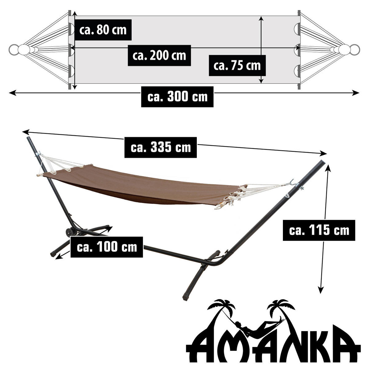 HÄNGEMATTE mit Gestell 335/100 cm, Braun/Schwarz - Schwarz, Metall (100/115/335cm) - Amanka