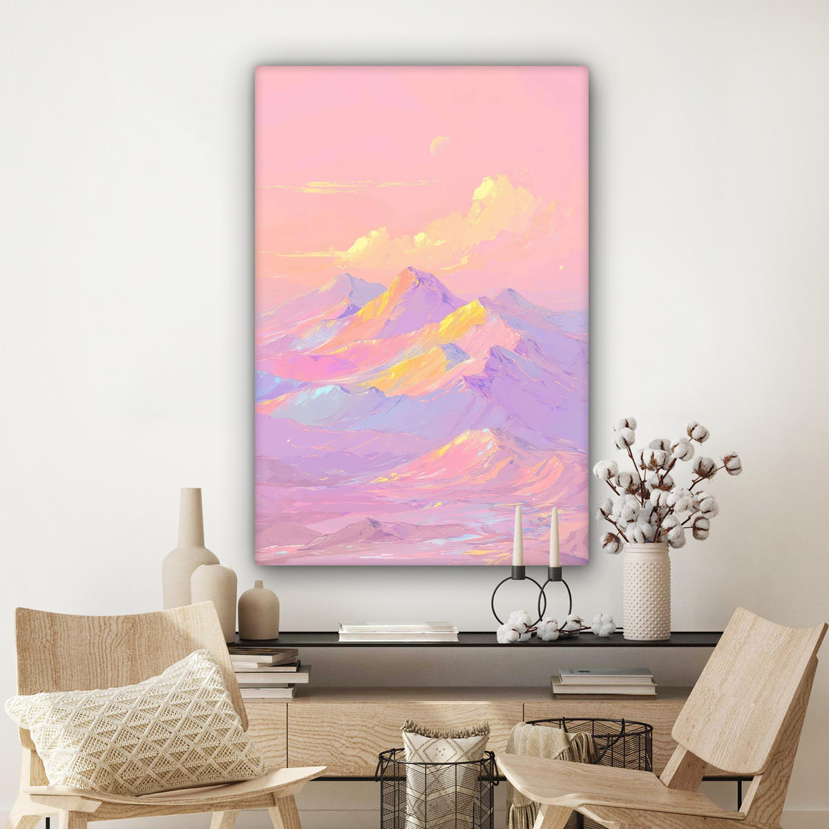 LEINWANDBILD Berggipfel - Wolken - Verträumt Deko XXL 80x120 cm - Hellrosa, Textil (80/120cm) - MuchoWow