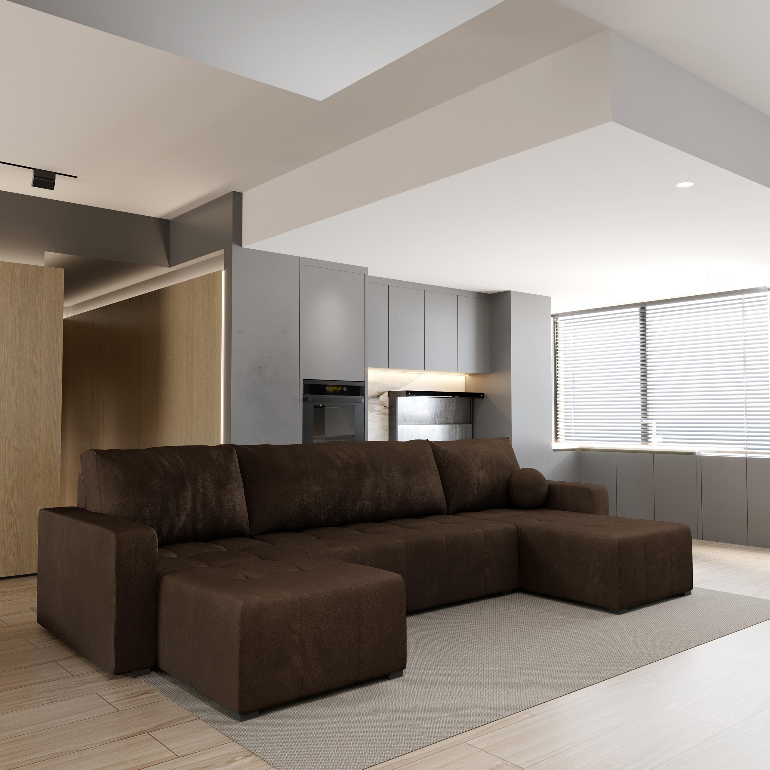WOHNLANDSCHAFT TOLARI Braun Plüsch-Stoff mit Schlaffunktion - Braun, Holz (295/85/140cm) - MASSENO