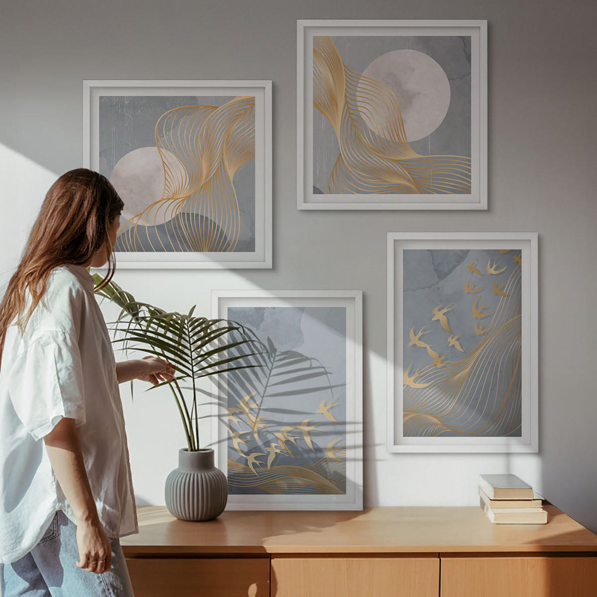 BILDER SET 4er Set - 50x50 cm & 40x60 cm Weißer Rahmen - Vögel im Flug, Himmel, Mond - Weiß, Kunststoff (50/50cm) - TULUP