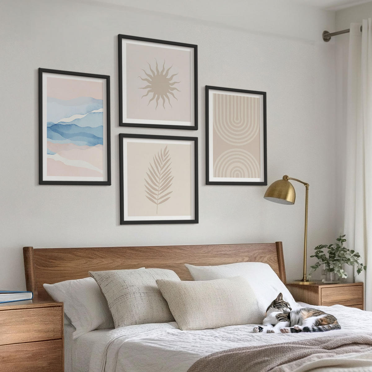 BILDER SET 4er Set - 50x50 cm & 40x60 cm Schwarzer Rahmen - Abstrakte Linien der Sonnenwellen - Schwarz, Kunststoff (50/50cm) - TULUP
