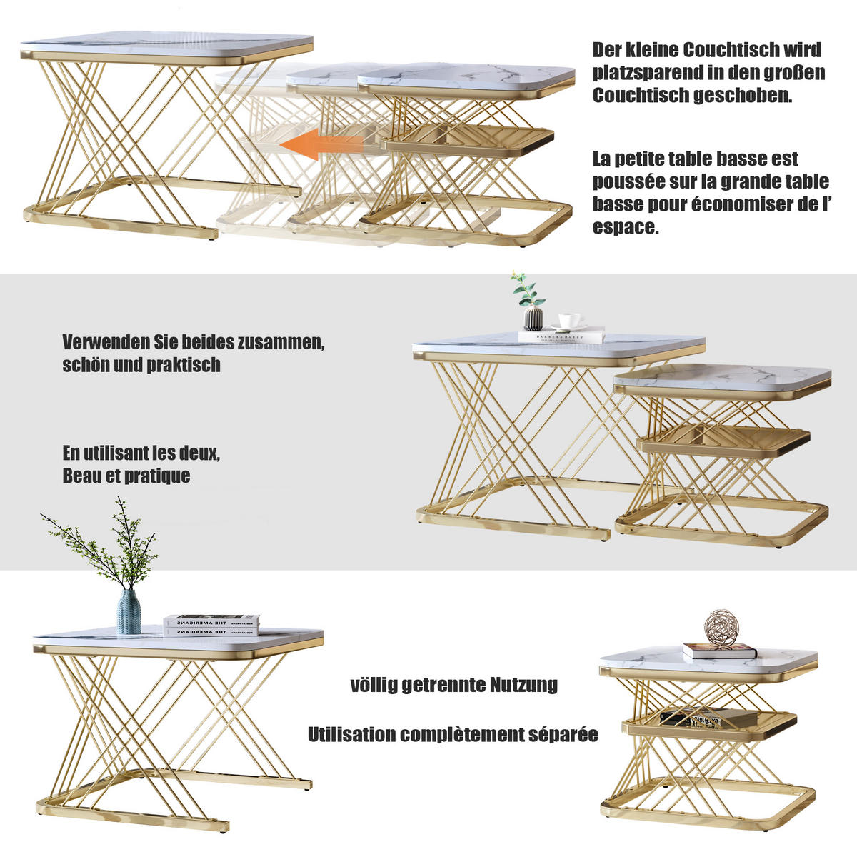 COUCHTISCH 2er Set Beistelltisch Eckig, Gold - Goldfarben, Metall (60/60/45cm)