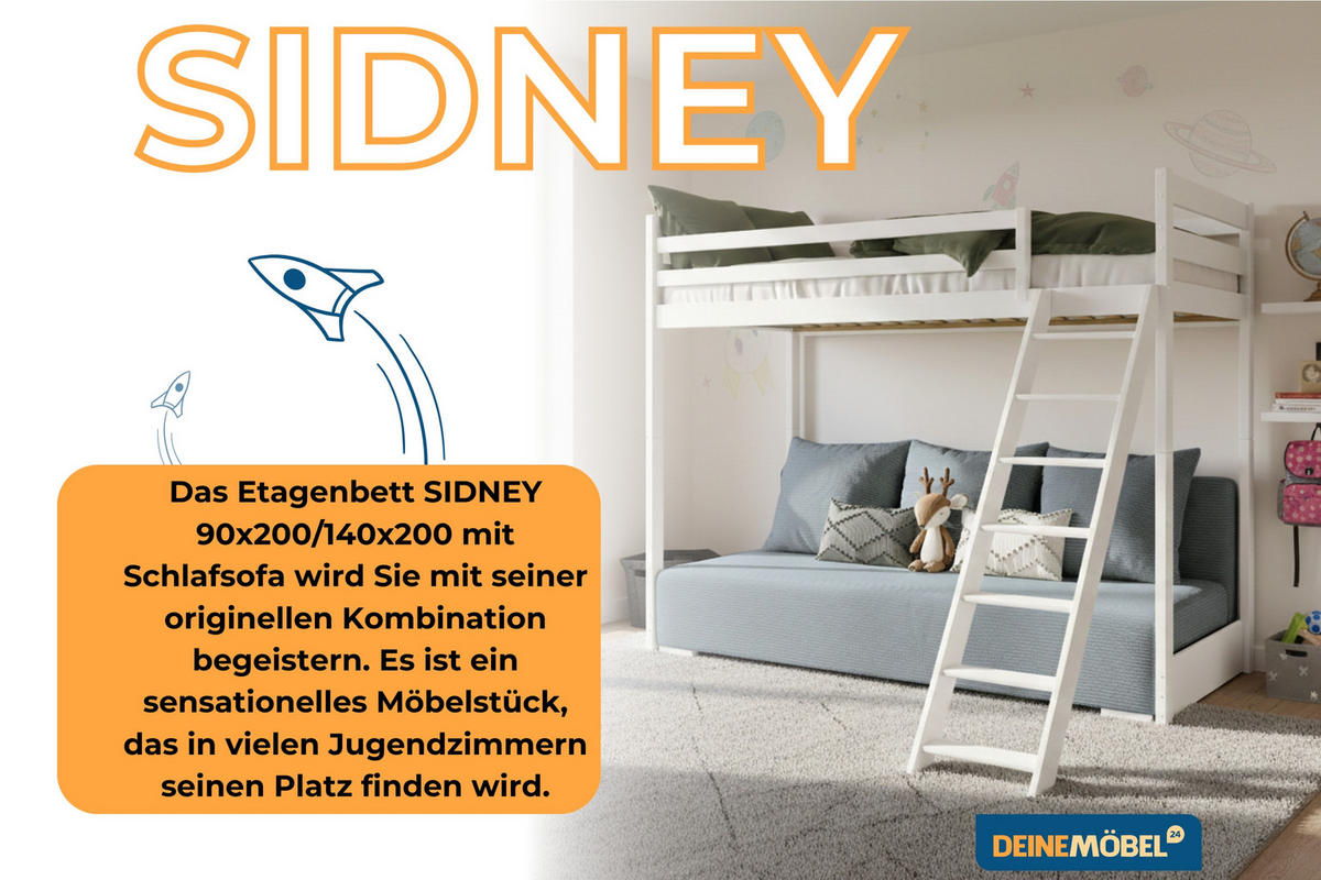 ETAGENBETT SIDNEY 90x200 in Weiß / Salbei - Salbeigrün/Weiß, Holz/Holzwerkstoff (90/200cm) - Deine Möbel 24