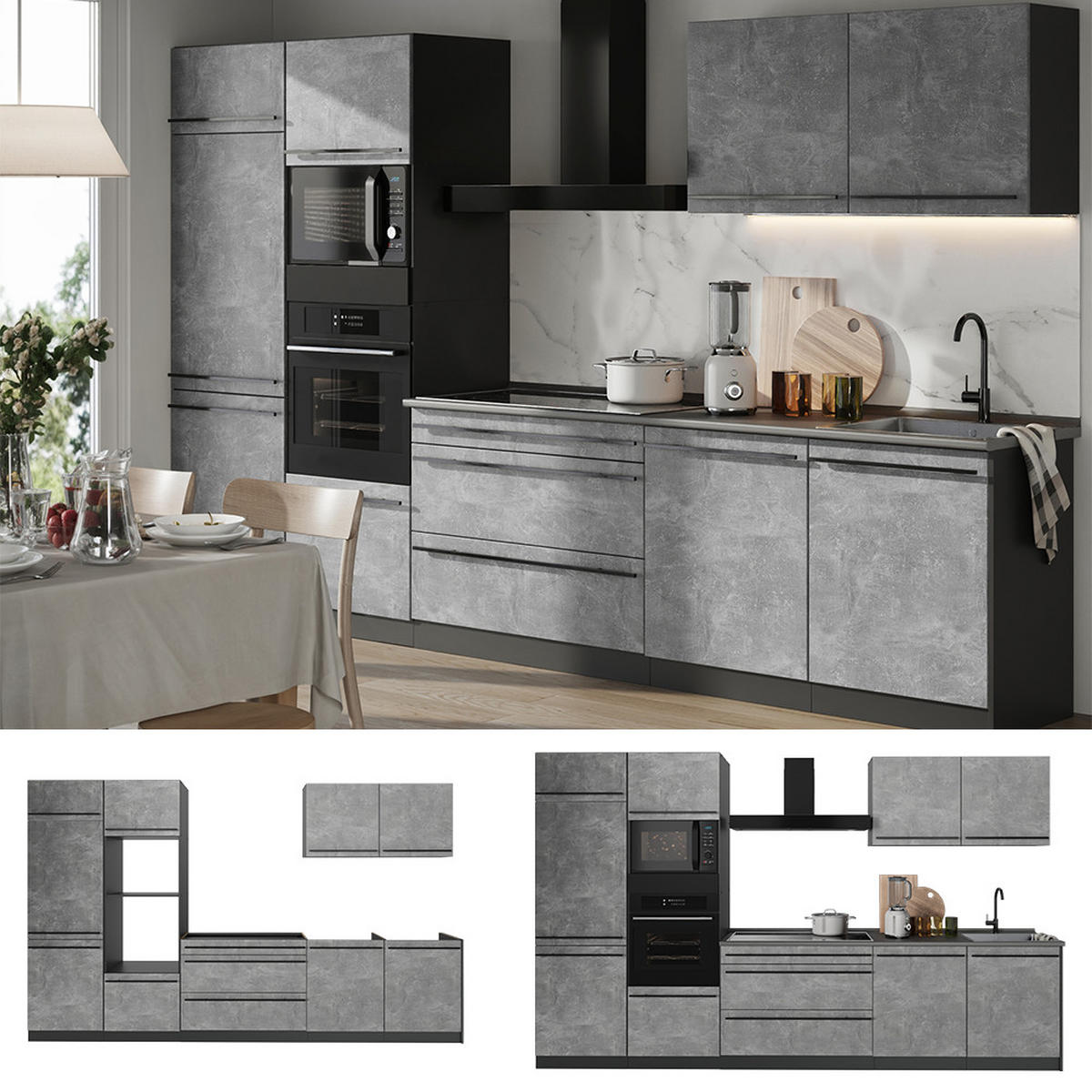 KUCHYŇSKÝ KOUT R-Line, Beton/Antracit, 340 cm pracovná doska antracitová - šedá/antracitová, kompozitní dřevo (340/206.8/60cm) - Vicco