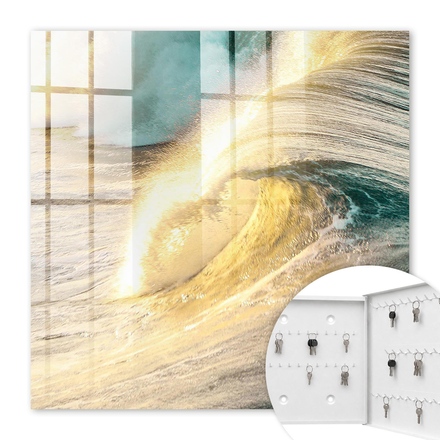 SCHLÜSSELBOX Weiß 30x30 cm – Türöffnung nach rechts - Meereswelle - Gelb, Metall (30/30/5cm) - TULUP