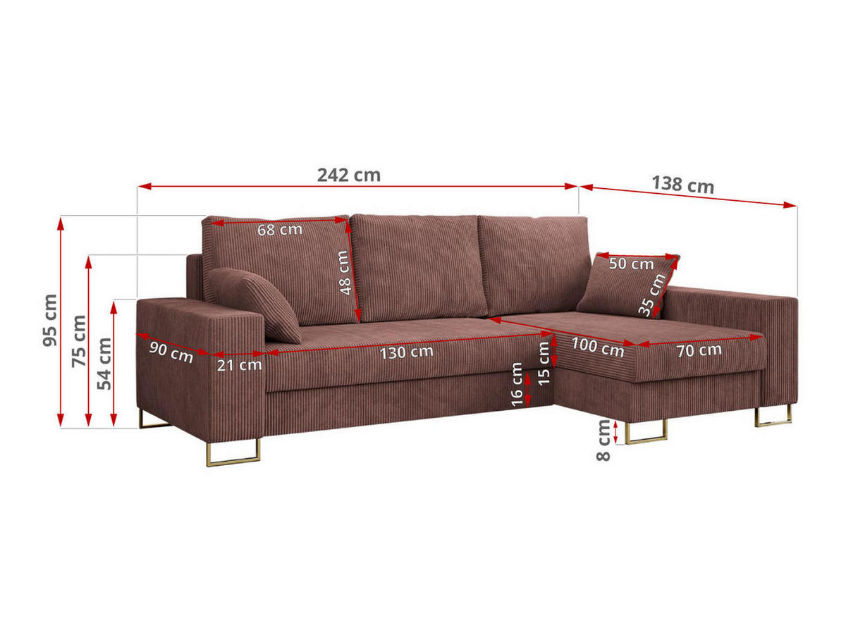 ECKSOFA Dorian Cord Braun - Goldfarben/Braun, Textil/Metall (242/138cm) - MKS