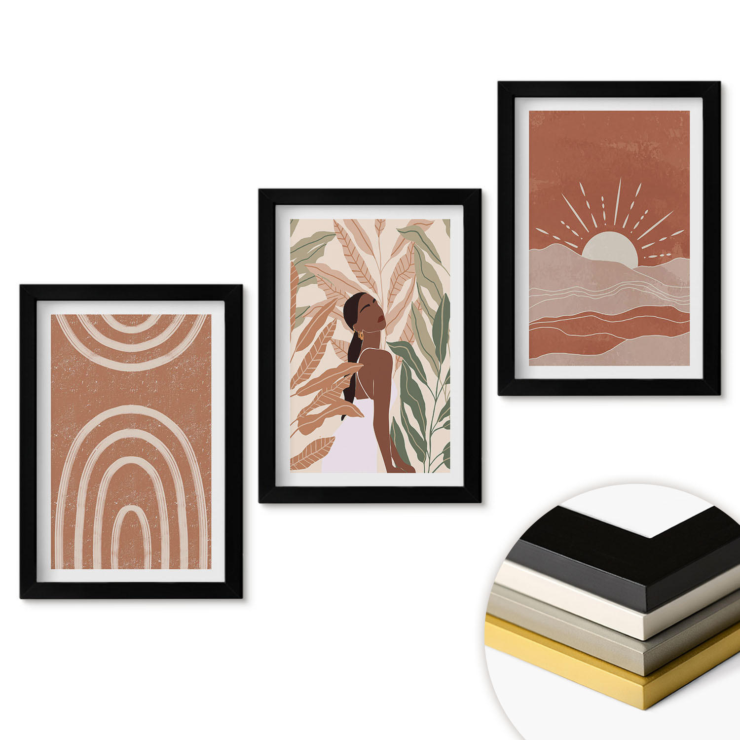 WANDBILDER 3er-Set - 20x30 cm Schwarzer Rahmen - abstrakte Formen im Boho-Stil - Schwarz, Kunststoff (20/30cm) - ArtPrintCave