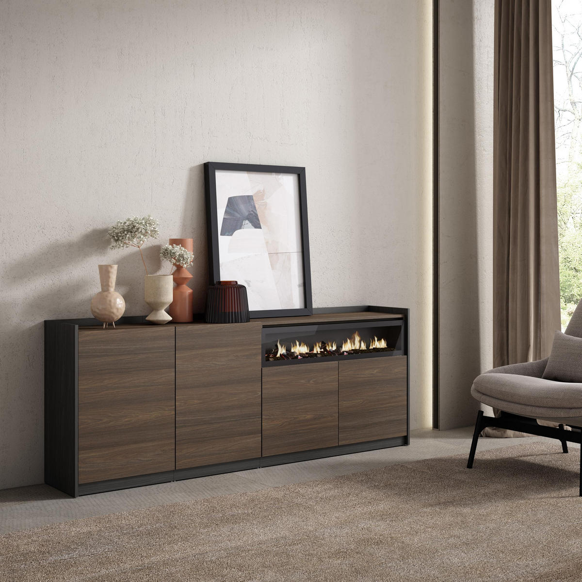 SIDEBOARD, Dunkler Eiche und Schwarz, Elektrokamin, 207/37/80cm - Dunkelbraun, Holzwerkstoff (207/80/37cm) - Skraut Home
