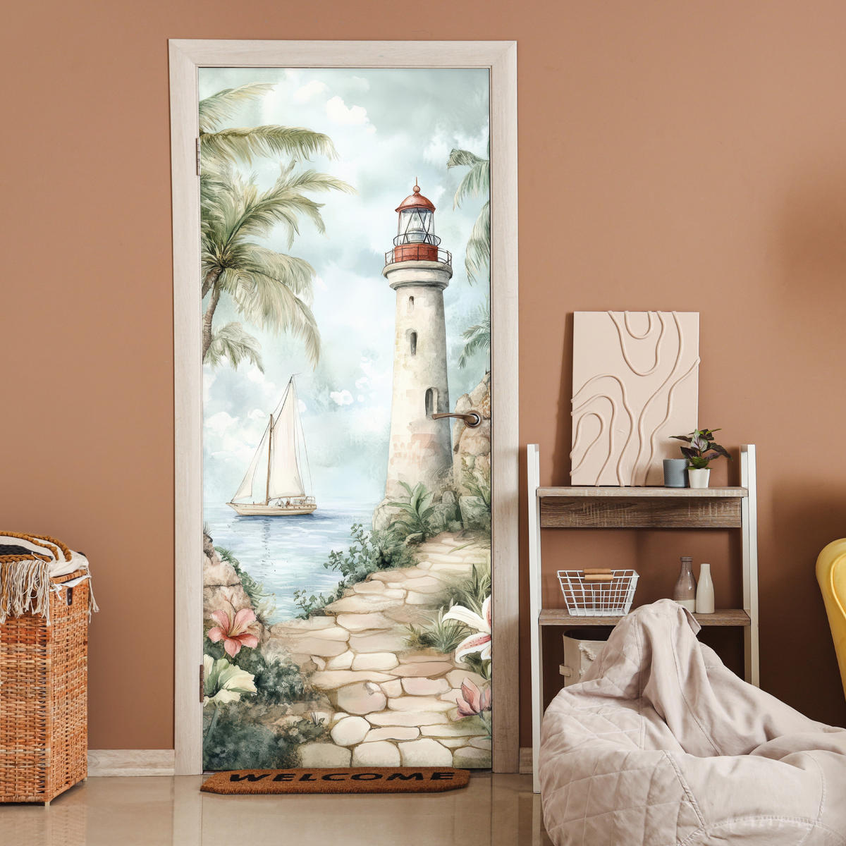 FOTOTAPETE Tür - Leuchtturm - Natur - Landschaft - Boot 95x215 cm - Eichefarben, Kunststoff (95/0.1cm) - MuchoWow