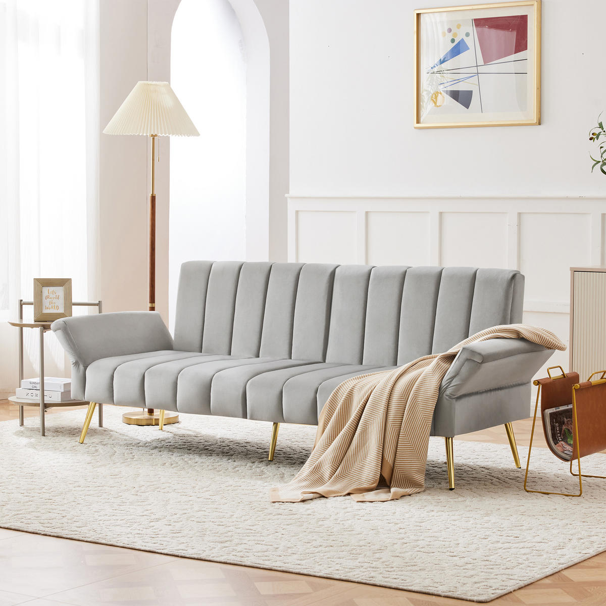 SCHLAFSOFA klappbar mit Hilfsfüßen und Samtstoff - Grau, Textil (183/75/76cm)