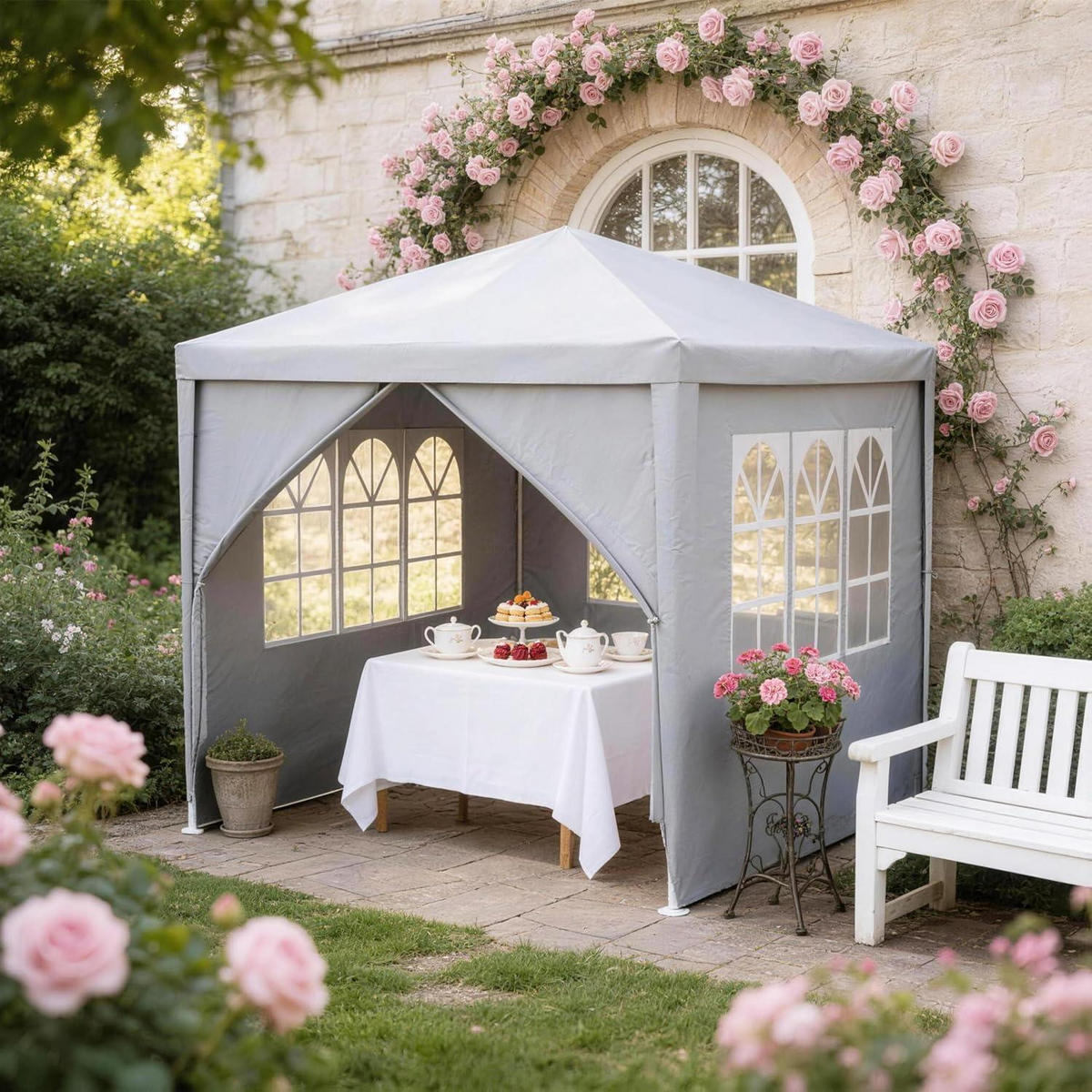 GARTENPAVILLON 3 x 3 m Grau mit Fenstern - Grau, Textil (250/300/300cm)