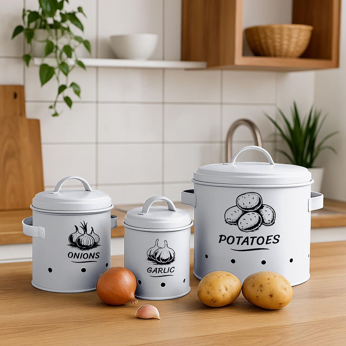 3XKARTOFFEL-AUFBEWAHRUNGSBOX - Schwarz, Metall - Relaxdays