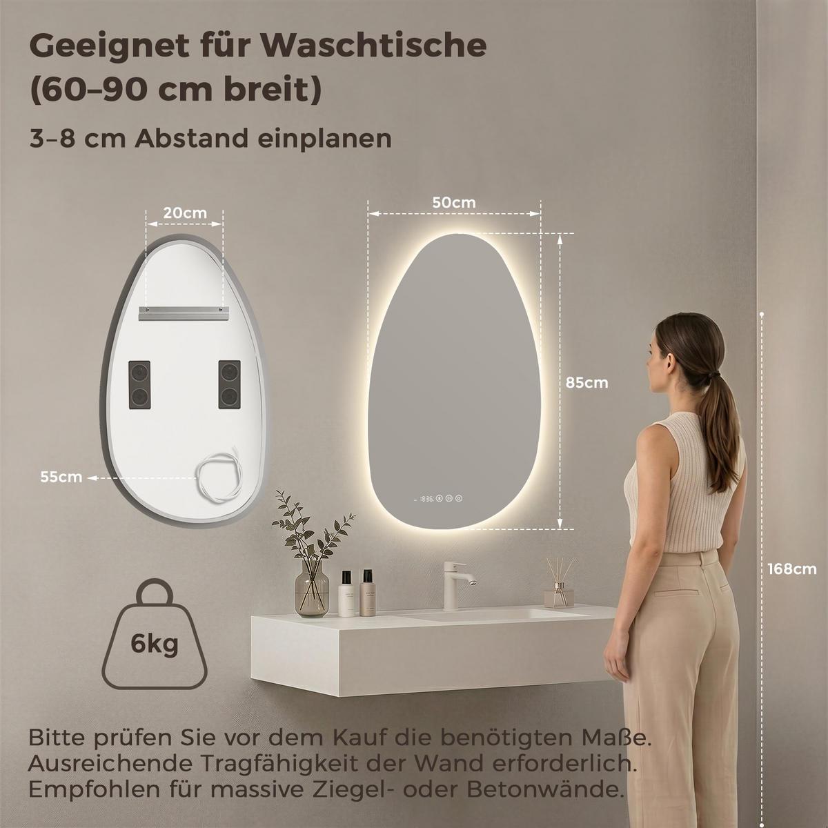 BADSPIEGEL MIT BELEUCHTUNG 85/50 cm asymmetrisch Bluetooth LED mit Antibeschlag - Transparent, Glas (85/50/3cm) - S'AFIELINA