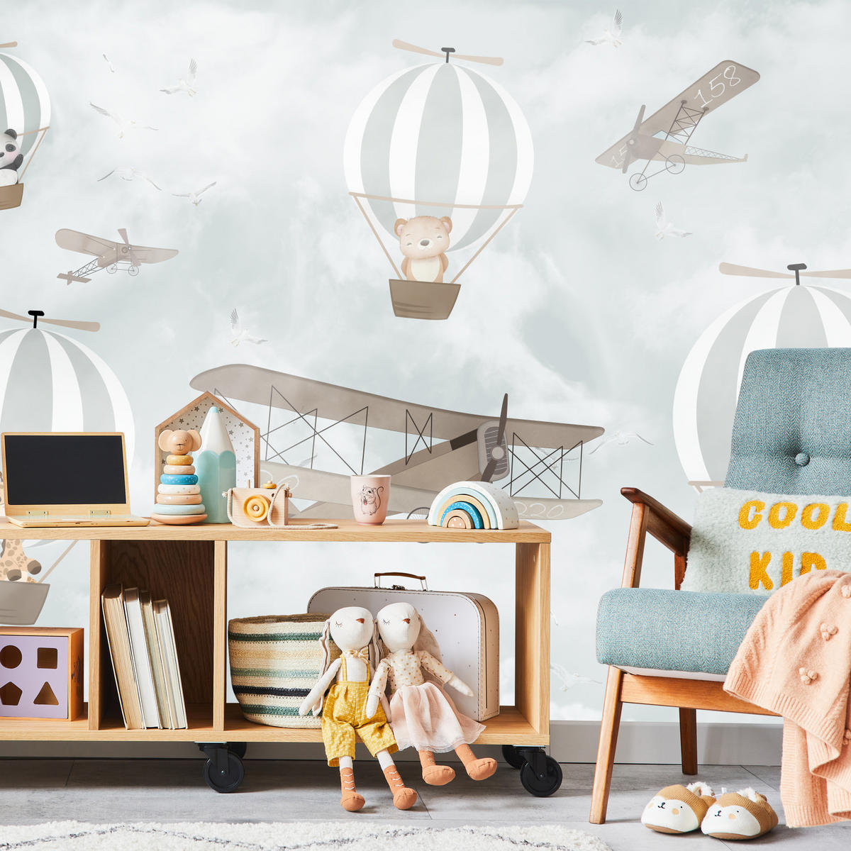 FOTOTAPETE für Kinderzimmer Ballons Tiere Wolken Flugzeuge Fantasie Retro 350x256 - Beige/Braun, Papier (350/256cm) - Muralo