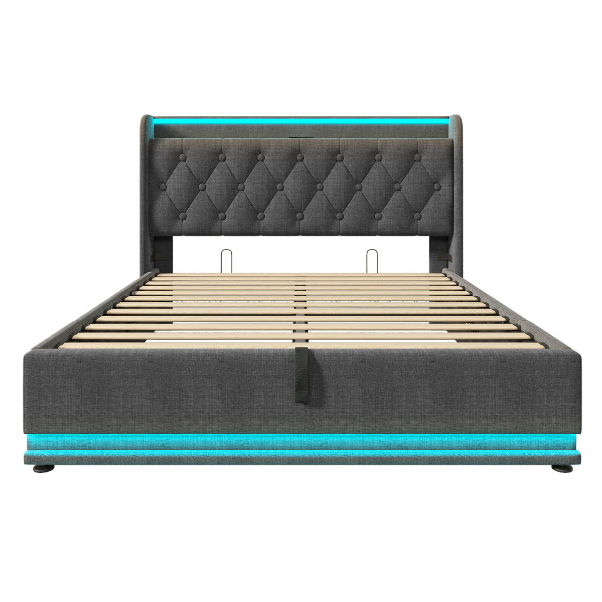 POLSTERBETT 140/200 cm Grau aus Leinen mit Stauraum LED-Beleuchtung und Matratze - Grau, Textil (140/200cm) - OKWISH