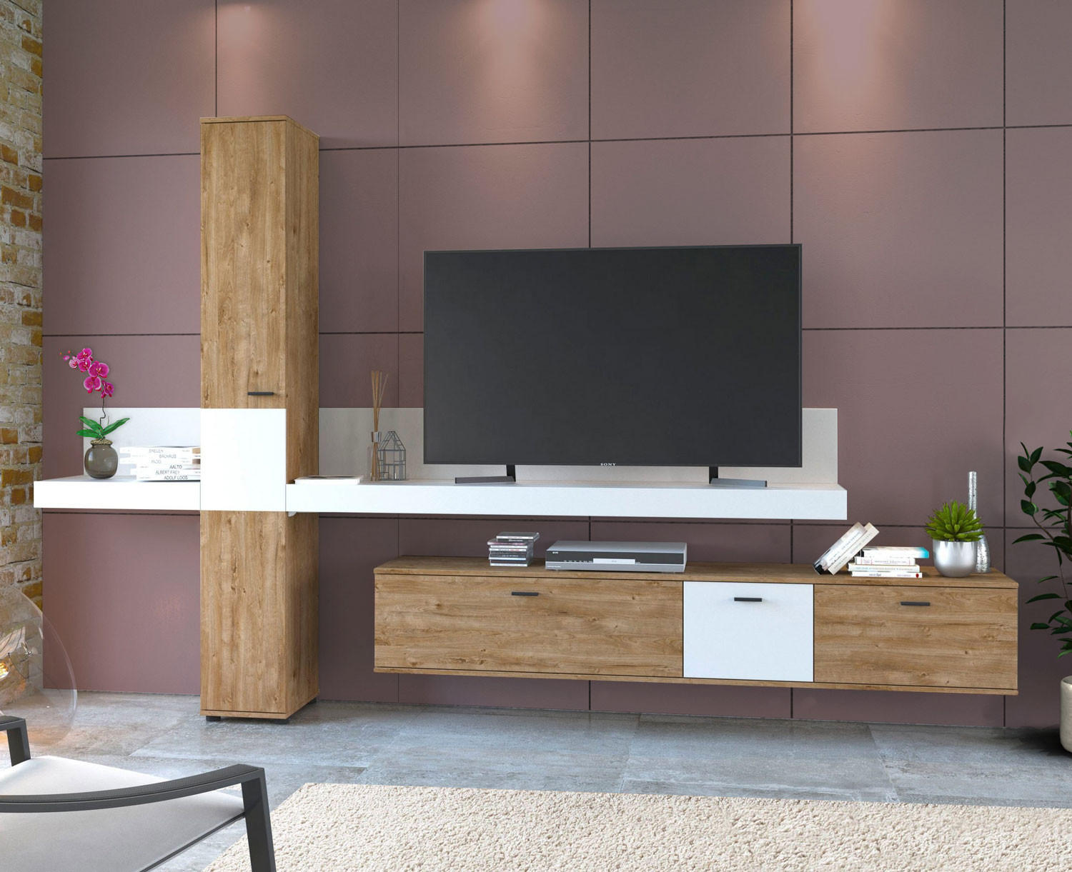 WOHNWAND Kumara 4-teilig Eiche Ribbeck / weiß 319 / 40 / 202,5cm - Eichefarben/Multicolor, Holz/Holzwerkstoff (319/202.5/40cm) - Feldmann-Wohnen